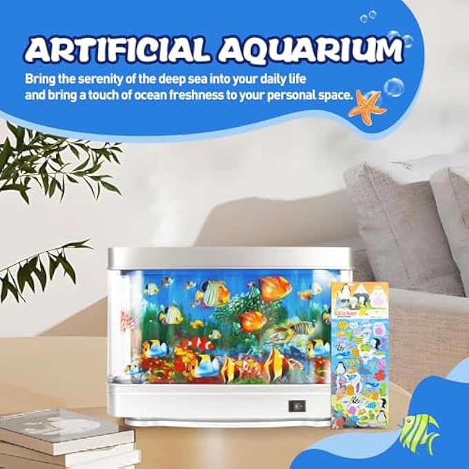 FAKE FISH TANK FOR KIDS, MINI ARTIFICIAL AQUARIUM TOY WITH MOVING FISH AND SEABED WORLD, LED LAMP LIGHTING, VIRTUAL FISH TANK FOR OFFICE DESK DECORATION, AND CAT ENTERTAINMENT, INCLUDES STICKER - Image 2